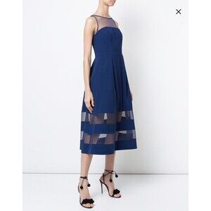 Aidan Mattox Flared Sheer Panel Midi Fit And Flare Cocktail Dress Navy Size 0